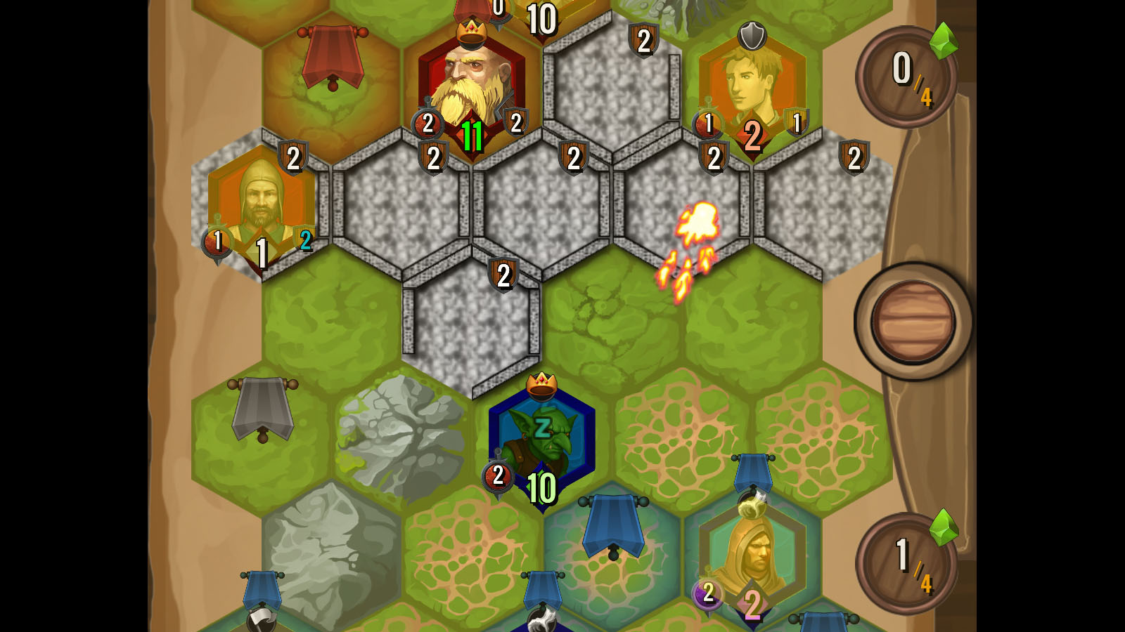 Gameplay screenshot displaying characters on a battle grid with a fireball moving towards a character.