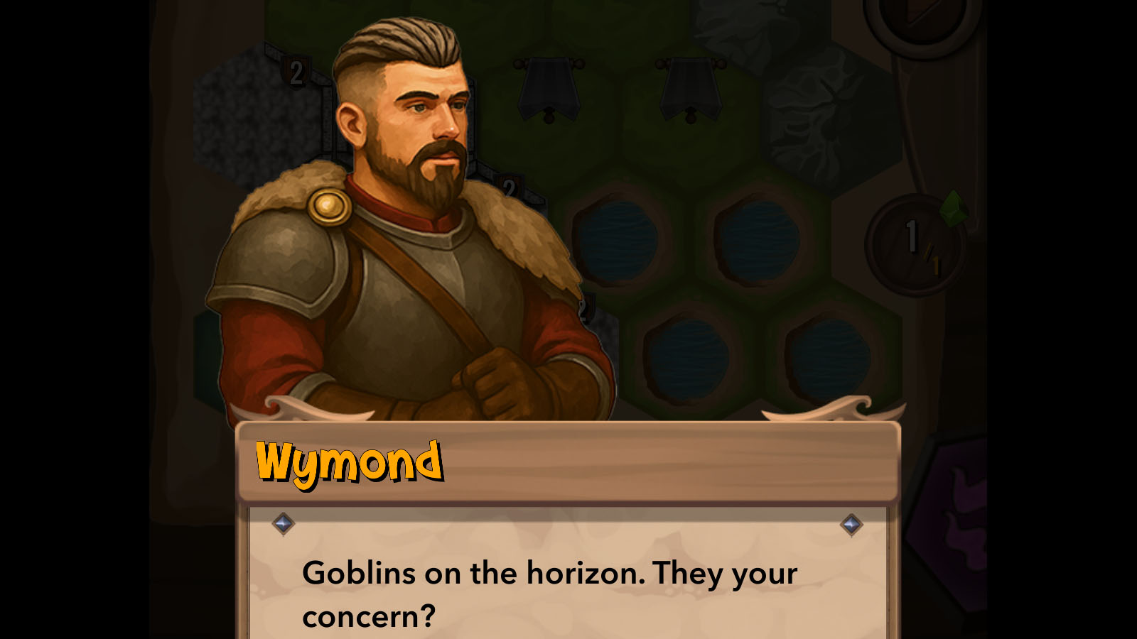 Gameplay screenshot displaying a character named Wymond. Wymond is saying: Goblins on the horizon. They your concern?